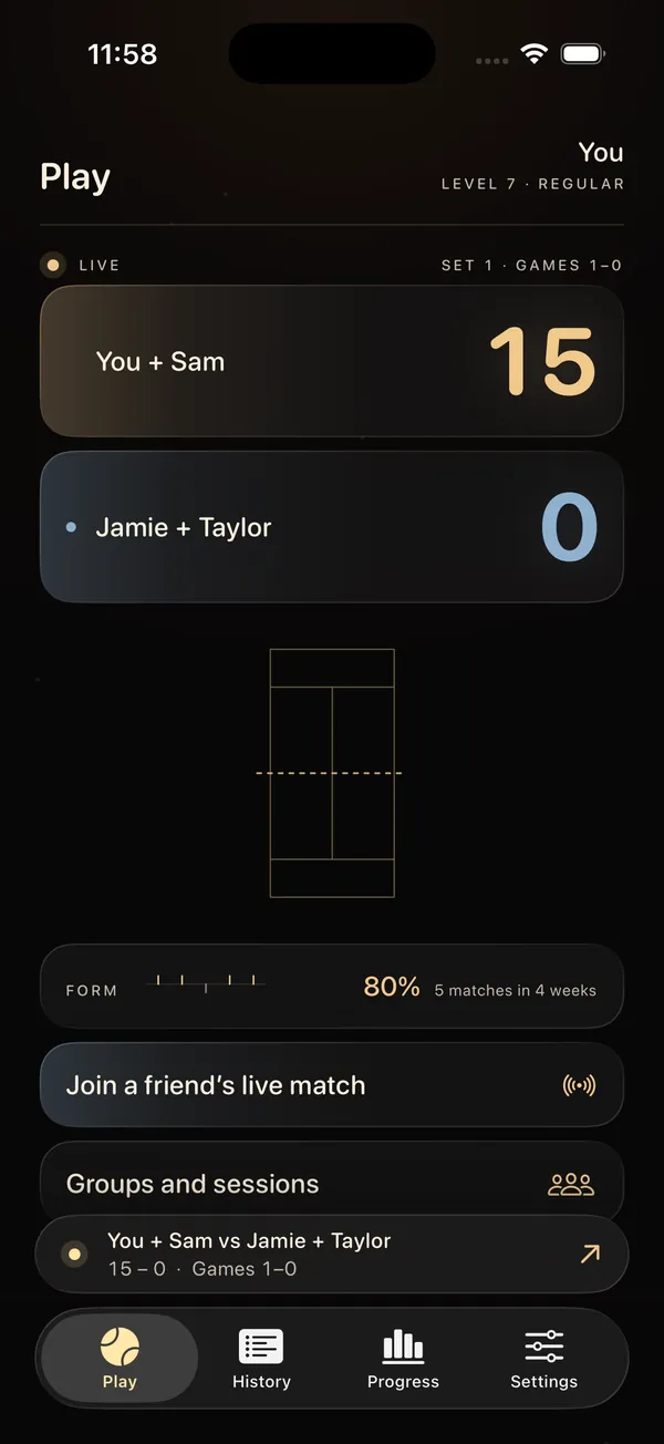The PadelArc live match card. You + Sam lead Jamie + Taylor 15–0, and the 15 glows gold.