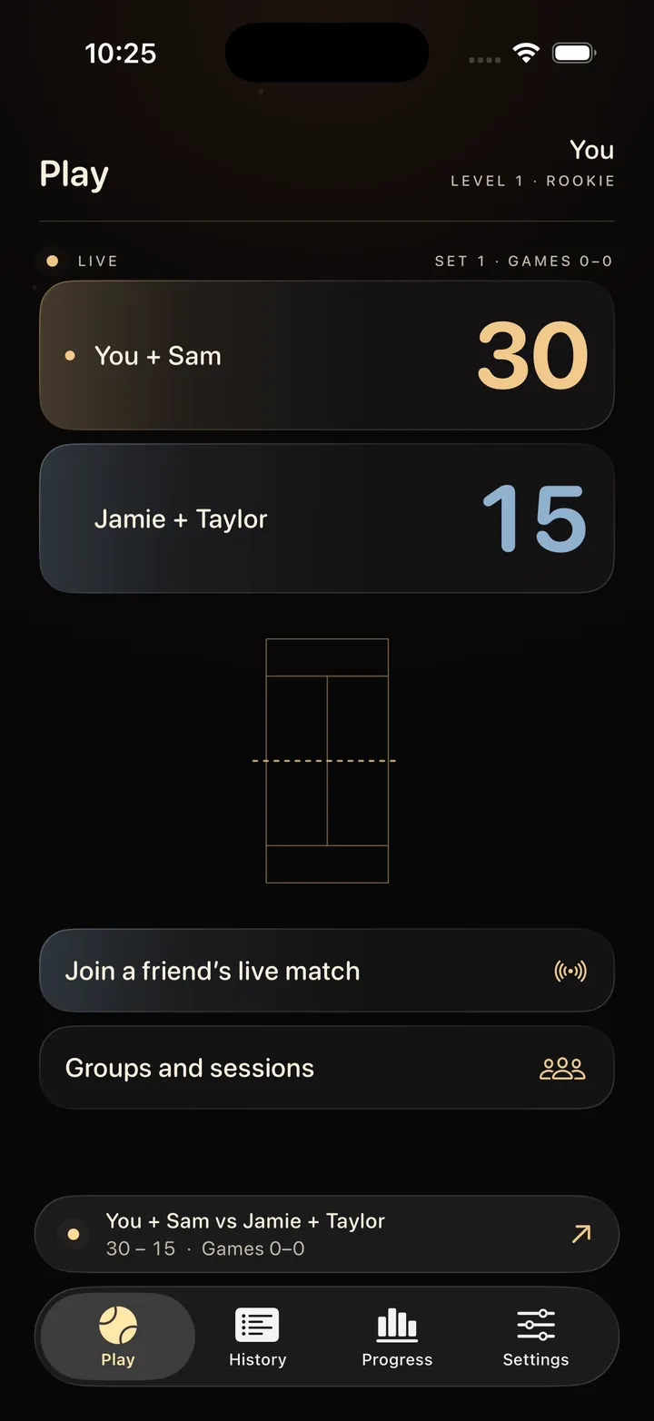 PadelArc on iPhone during a live match. You + Sam lead Jamie + Taylor 30–15 in set 1.